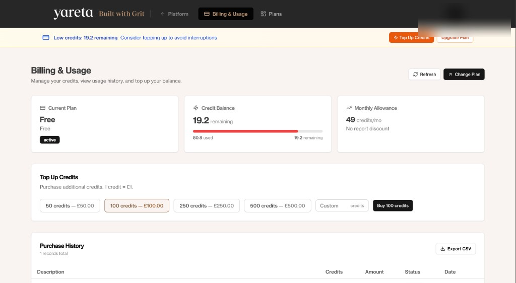Billing and usage — plan, credit balance, and top up
